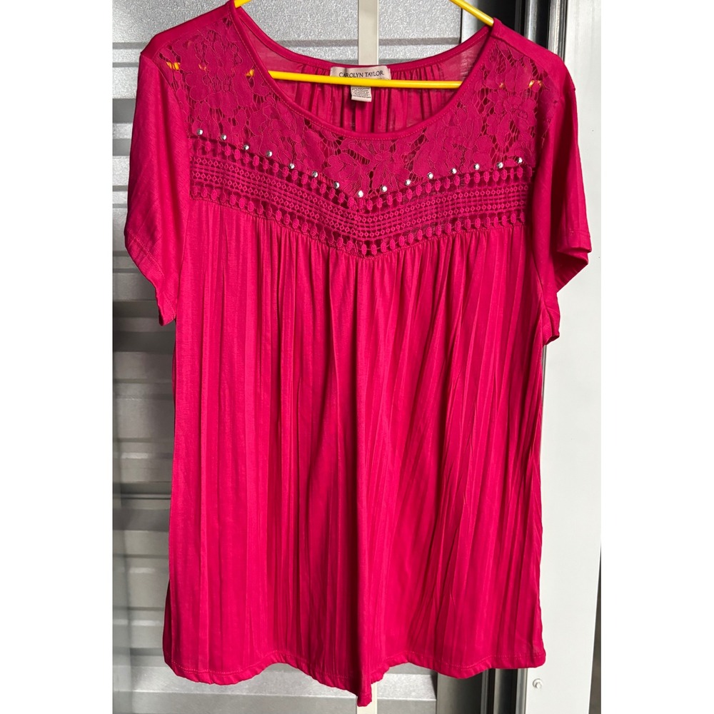 Carolyn Taylor Womens Pink Lace Yoke Rhinestone Pleated Short Sleeve Top Large